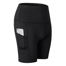 Women's Shorts Yoga Workout Running Compression Exercise Shorts Side Pockets (Color: black, size: S)