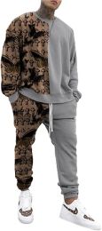 Men's Long-sleeved Trousers 2-piece Suit Casual Loose Fit Printed Sweater Suits (Color: Light Gray, size: Xxl)