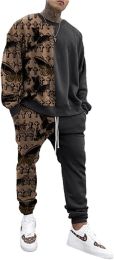 Men's Long-sleeved Trousers 2-piece Suit Casual Loose Fit Printed Sweater Suits (Color: Dark Gray, size: S)