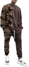 Men's Long-sleeved Trousers 2-piece Suit Casual Loose Fit Printed Sweater Suits (Color: Brown, size: 3Xl)