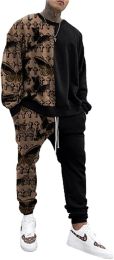 Men's Long-sleeved Trousers 2-piece Suit Casual Loose Fit Printed Sweater Suits (Color: black, size: M)