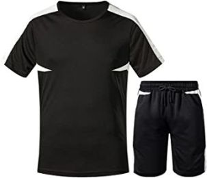 Men's Casual Splicing Printed Suits Short Sleeve Shorts Loose T-Shirt Sport Suits (Color: Black-L)