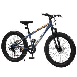 S24109 Elecony 24 Inch Fat Tire Bike Adult/Youth Full Shimano 7 Speeds Mountain Bike; Dual Disc Brake; High-Carbon Steel Frame; Front Suspension; Moun (Color: As Pic)