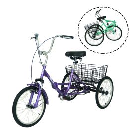 Adult Folding Tricycle ; Foldable 20 inch 3 Wheel Bikes; Single Speed Portable Cruiser Bicycles with Shopping Basket for Seniors; Women; Men (Color: As Pic)